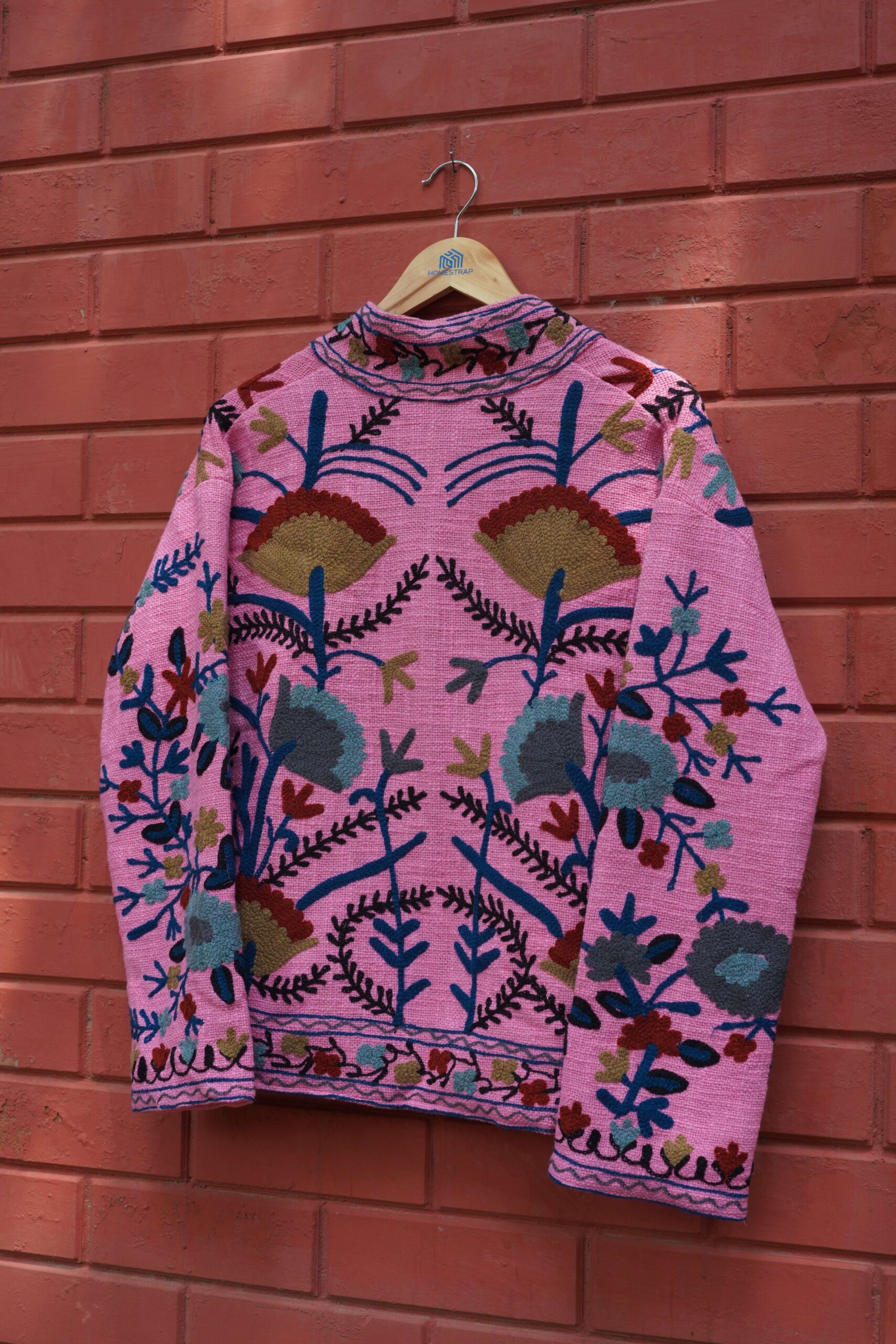 Womens Pink Velvet Embroidered Jacket with Floral Design - Image 7