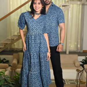 Couple Matching Blue Cotton Anarkali Midi Dress and Shirt Set ? Geometric Block Print
